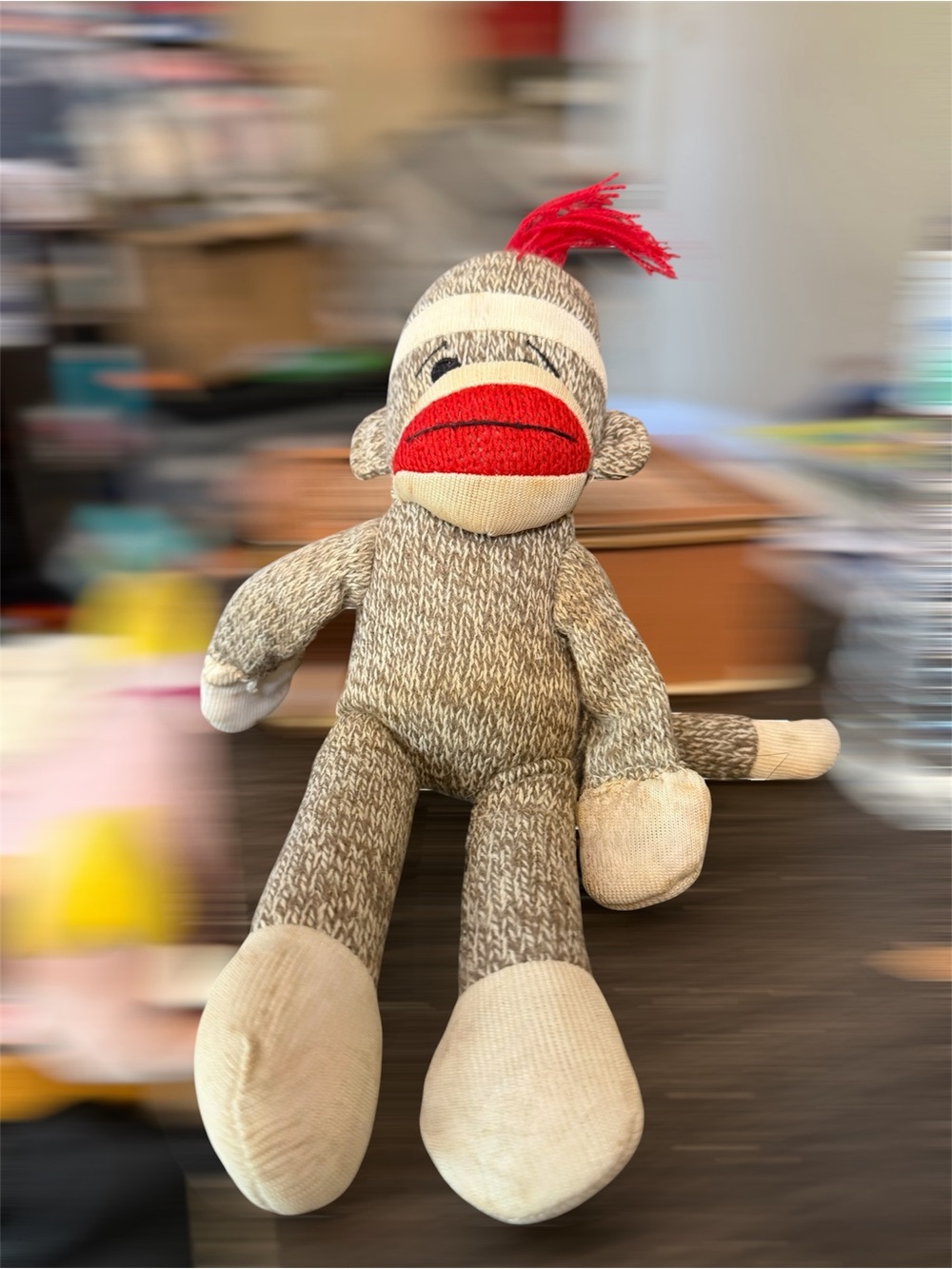 Classic Sock Monkey Plush with Red Mouth Accent